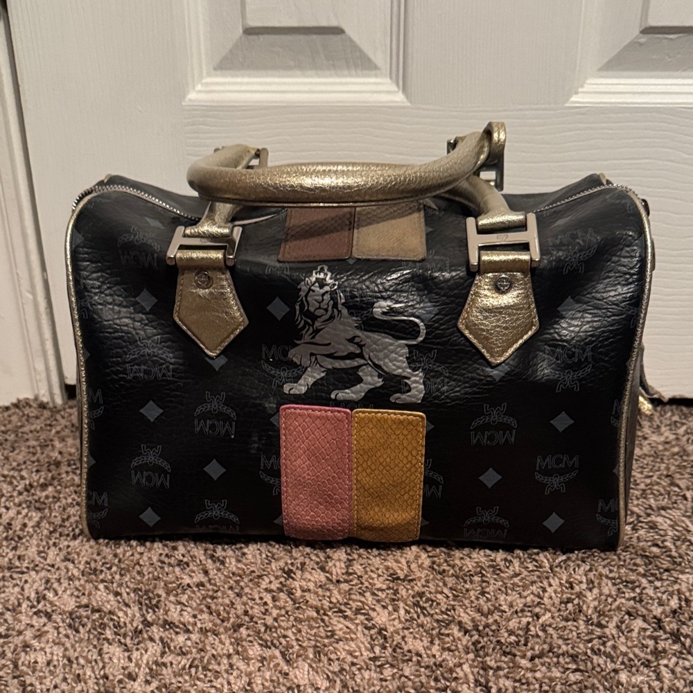 MCM Black and Gold Striped Satchel Boston Bag